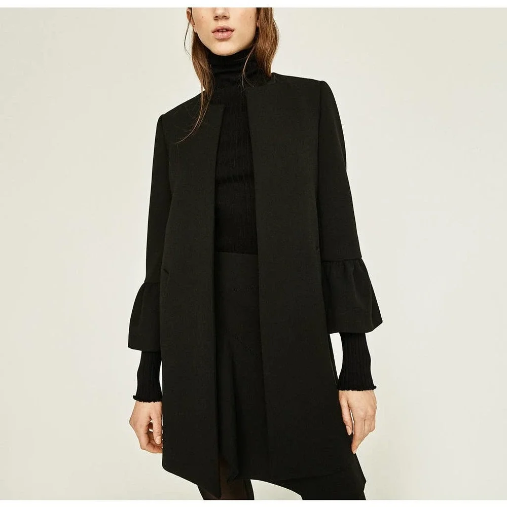 ZARA Bell Sleeve Collarless Coat Long Black Jacket - Picture 12 of 12